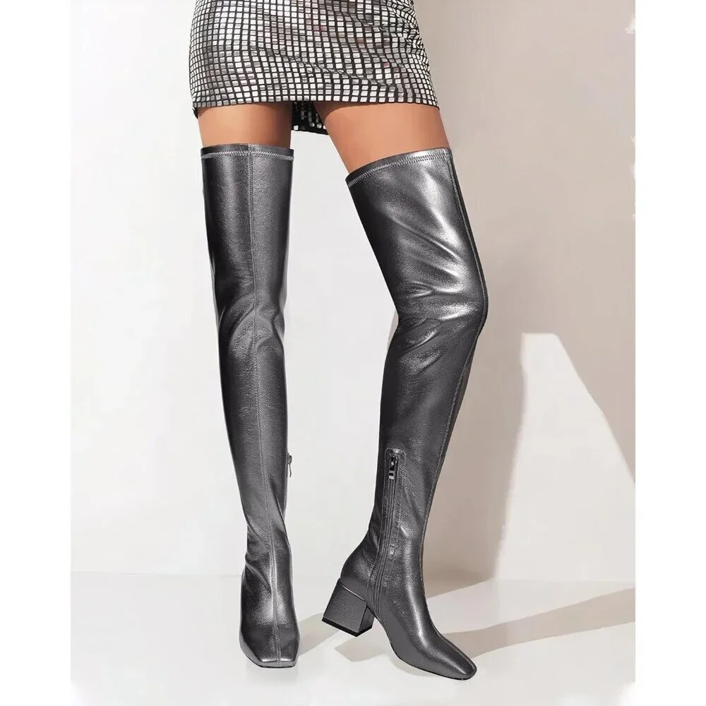 Women Grey Polyurethane Over the Knee Square Toe Block Heel Long Zipper Boots